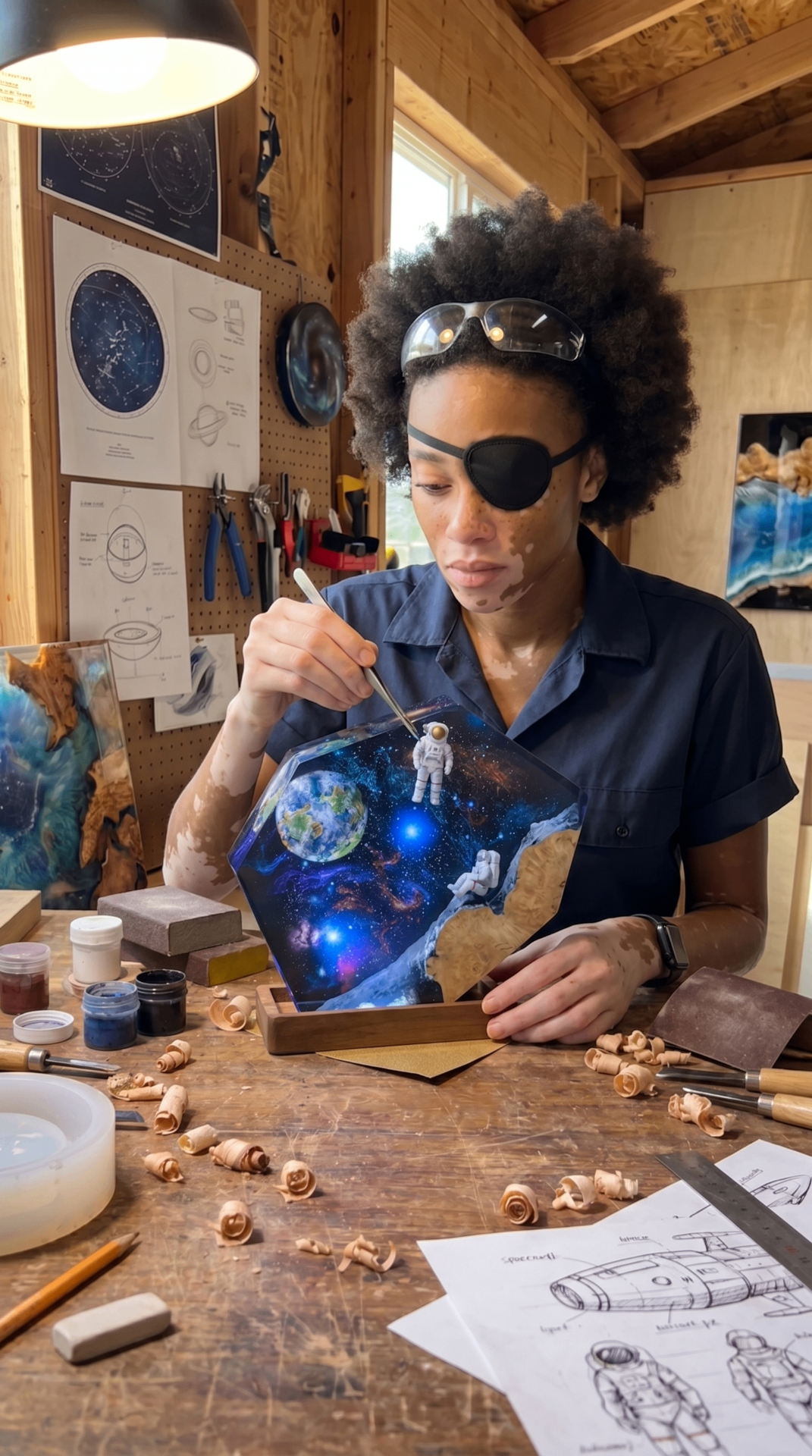 Maya hand-painting an astronaut figure inside a cosmic resin piece in her workshop