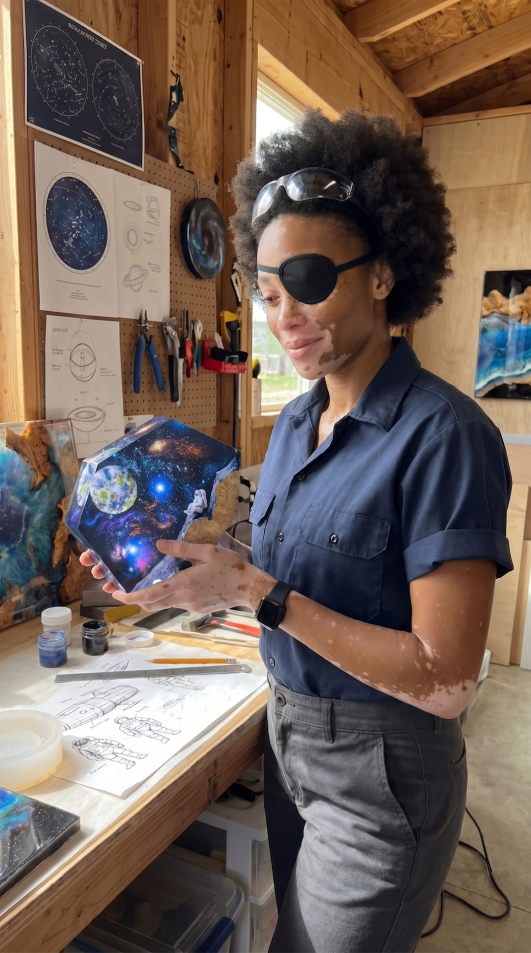 Maya holding a finished cosmic resin sculpture in her wooden workshop